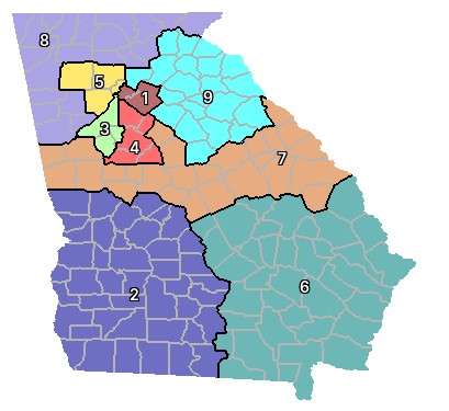 Nine numbered districts with county boundaries visible in Mosaic.